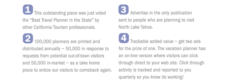 1. "Best Travel Planner". 2. 100,000 distributed. 3. Sent to people who plan to visit. 4. Trackable.